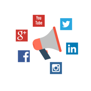 megaphone surrounded by social media icons