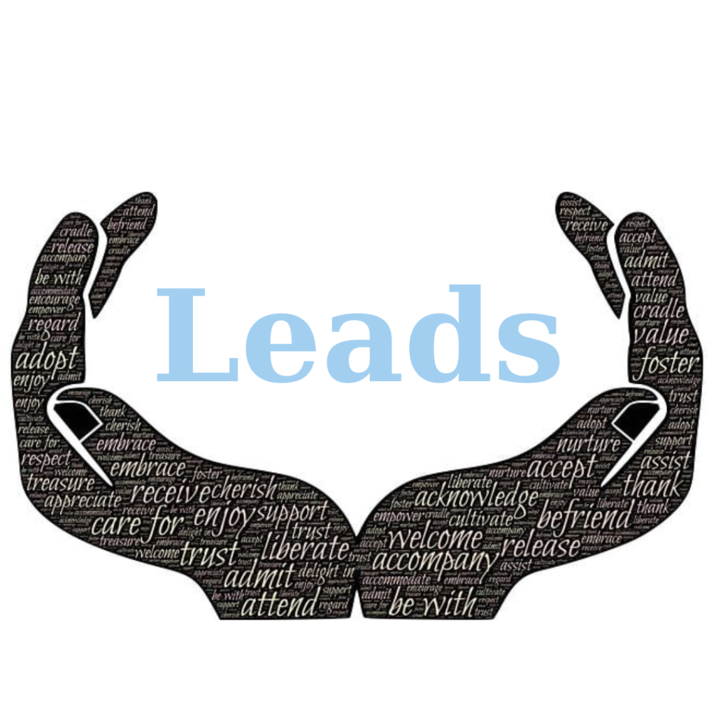 pair of hands cupping the word "leads"