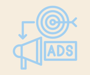 target with an arrow pointing through it and down to a megaphone next to the word "ads" in a box