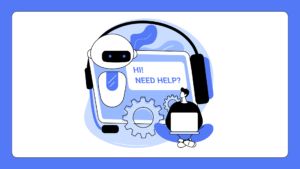 a robot asking a human on a laptop if they need help