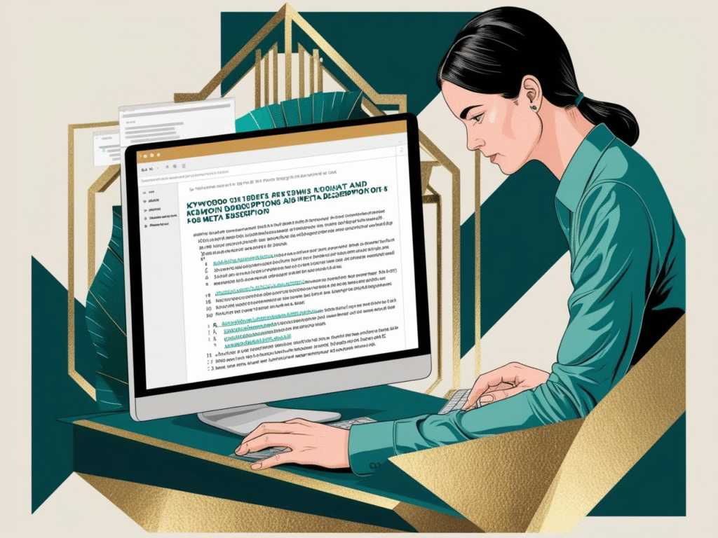 drawing of a woman in front of a computer screen editing the text on the screen