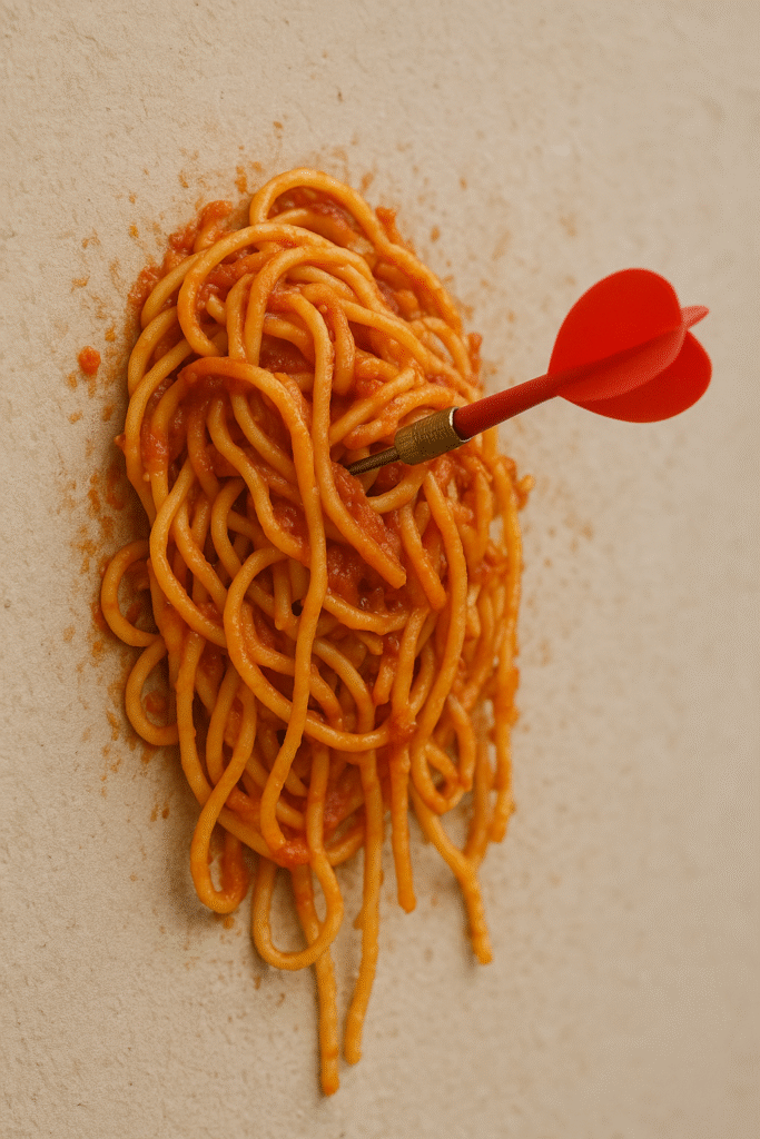 spaghetti thrown against a wall with a dart sticking out of it
