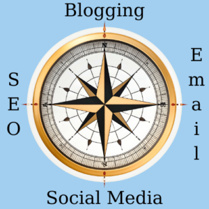 Compass with the 4 corners representing blogging, social media, SEO, and email