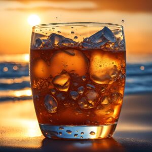 glass of soda with a sunset over the beach in the background